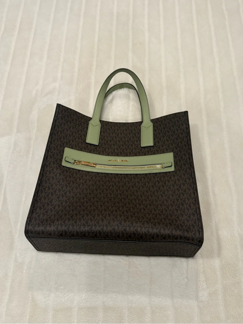 Michael Kors Brown Logo Tote with Sage Green Trim
